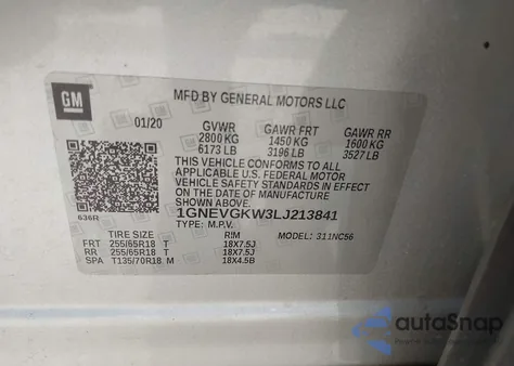 2020 Chevrolet Traverse Awd Lt Cloth from USA, damaged, VIN 1GNEVGKW3LJ213841